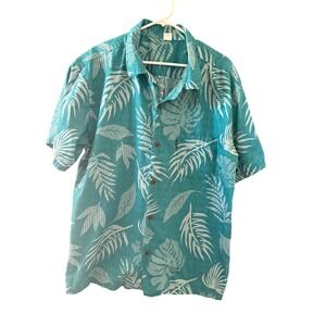 Palmwave Vintage Hawaii‎ Mens 2XL Aloha Shirt Teal Tropical Leaf Print Cotton
